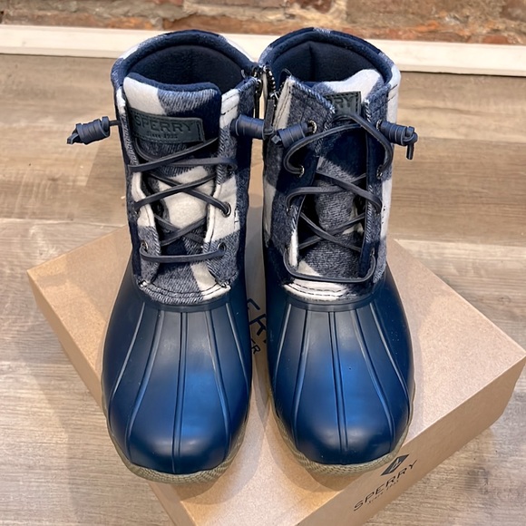 Sperry women’s saltwater Buffalo check duck boot Buffalo plaid wool shaft navy - Picture 9 of 13